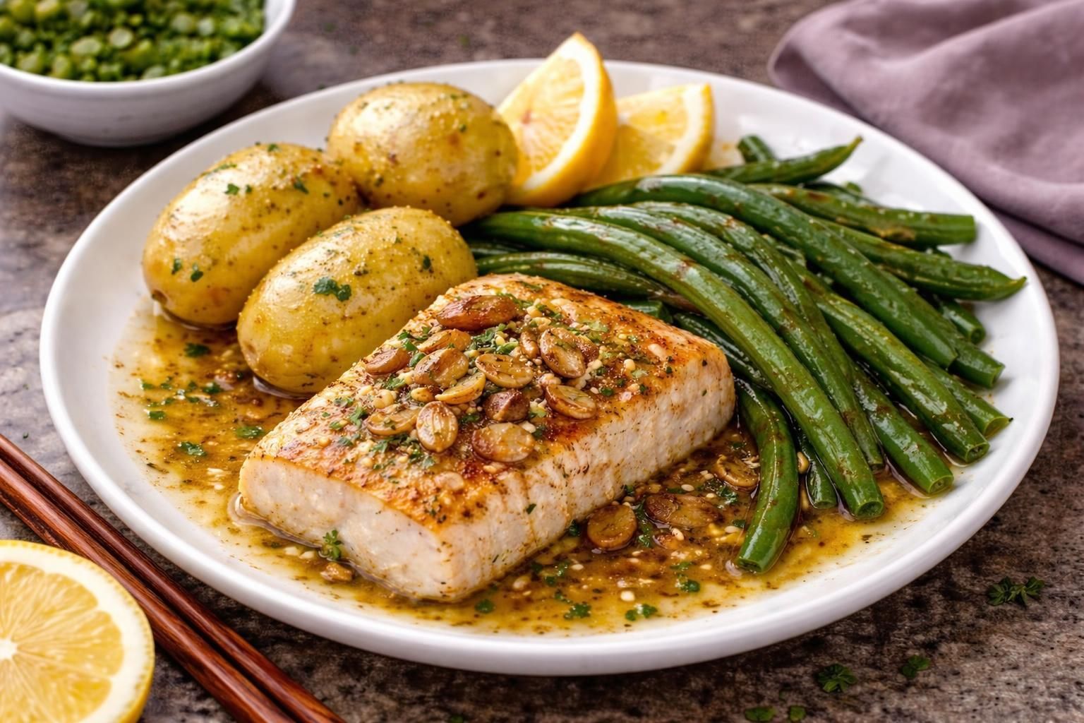 Garlic Butter Cod with Green Beans & New Potatoes